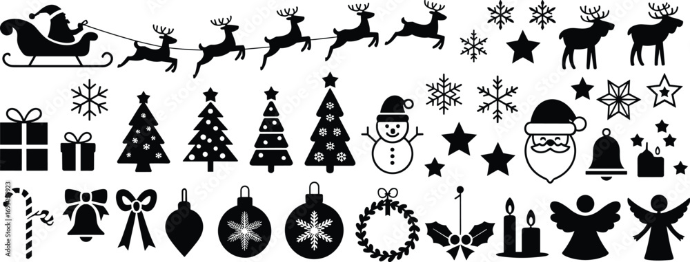 Naklejka premium Christmas icons, Santa Claus sleigh, reindeer, Christmas trees, snowflakes, gifts, snowman, ornaments, bells, wreath, holiday decorations, festive symbols