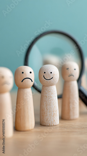 Wooden peg figures with painted faces showing different emotions in front of a magnifying glass feeling