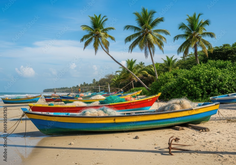 Fototapeta premium Colorful fishing boats with nets on a tropical beach with palm trees under a blue sky