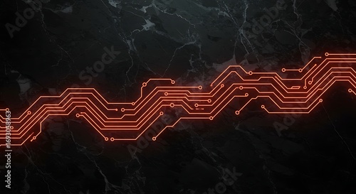 Circuit board glows red against dark marble, representing technology and innovation in a modern, sleek design, symbolizing technological advancement.