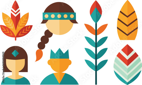 Indigenous peoples day icon collection feathers indigenous native american culture vector illustration