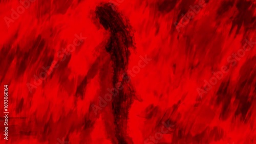 Dark goddess comes out of burning lake and walks on hot stones. Terrible whirlwind into another world. Supernatural beings from depths of hell. Animation in horror fantasy genre. Red and black.