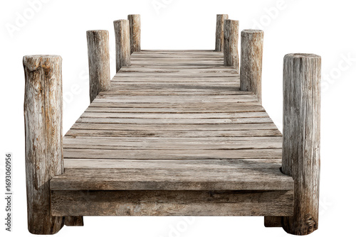 Old rustic wooden pier with weathered posts isolated.