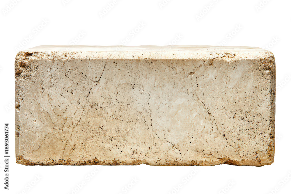 Fototapeta premium A single old weathered porous building block isolated on white.