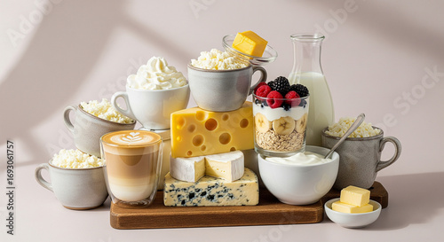 Wallpaper Mural Wholesome Dairy Foods Pile – Swiss, Camembert, Roquefort, Greek Yogurt, Cottage Cheese, Milk, Butter, Coffee Latte Styled in Elegant Stock Photography, perfect for dietary education, nutrition guides Torontodigital.ca