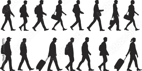 Walking people silhouettes, travelers with luggage, business people commuting, airport passengers, backpackers, urban crowd, tourism, journey, transportation concept