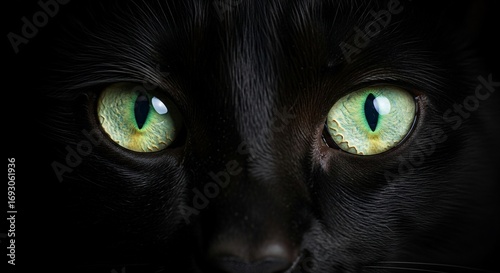 Closeup of a Black Cats Luminous Green Eyes in Low Light