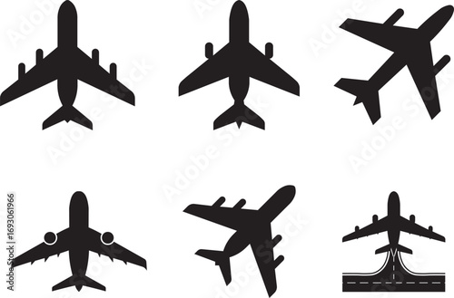 Airplane silhouette icon set vector, black aircraft symbols collection, flight travel aviation pictogram design for transportation, airport, and airline projects