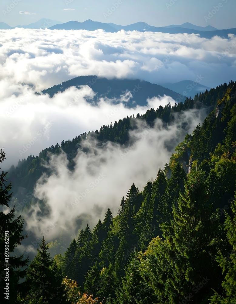 Misty mountain forest, ethereal view Misty mountain forest, ethereal view