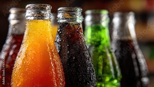 Close-up of chilled soda bottles