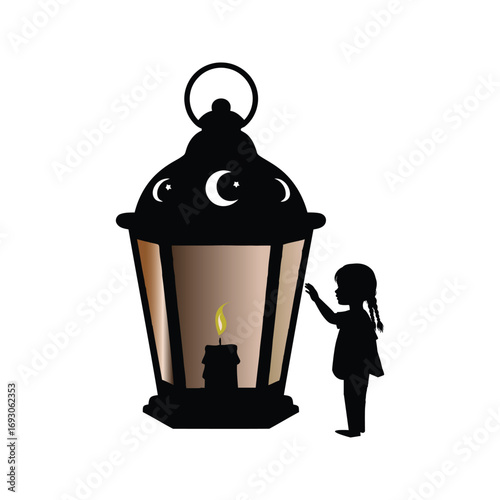 Silhouette of a little girl looking at a lit Ramadan lantern with moon and stars