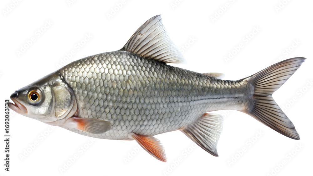 Obraz premium Freshwater roach fish swimming on a transparent background, isolated on transparent background a common species in european rivers and lakes