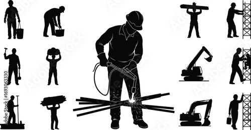 Construction workers silhouettes, heavy equipment, welding, scaffolding, teamwork, manual labor, industrial site, construction tools, safety gear, engineering workforce.