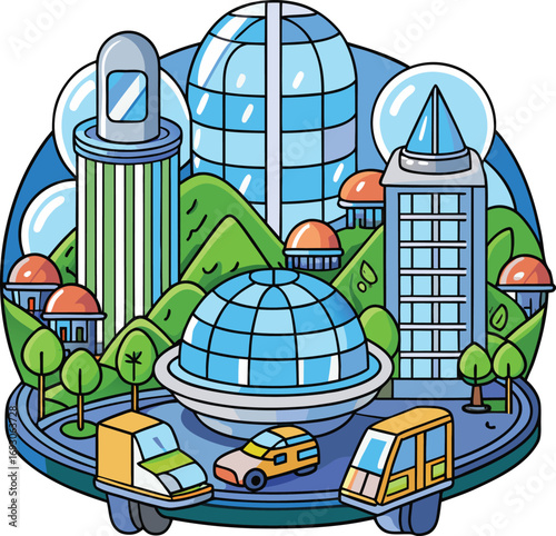 Futuristic eco-friendly cityscape with green architecture and sustainable transportation vector