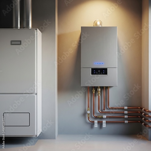 modern, sleek water heating system or gas boiler is professionally installed in a utility room. The image shows the unit with clean copper pipes, highlighting a modern