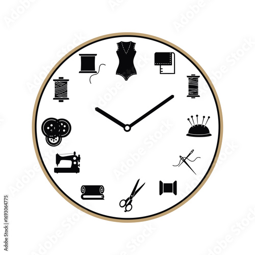 Sewing Time Clock  A stylish clock featuring sewing and tailoring icons for crafting enthusiasts