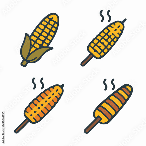 Grilled Corn on the Cob Icon Collection in Flat Style