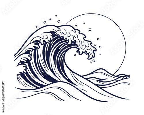 Great wave illustration artwork depicting ocean wave with full moon on white background art and graphic design vector wallpaper style
