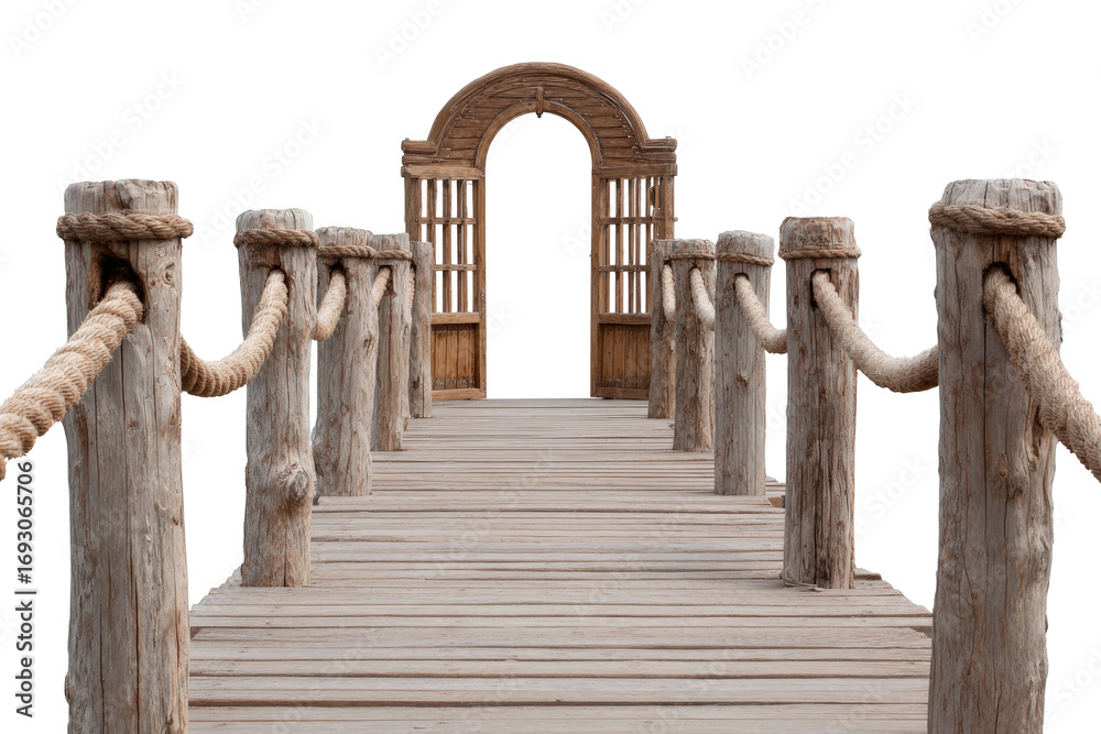 Obraz premium Old wooden pier with rope handrails leading to an arched gate.