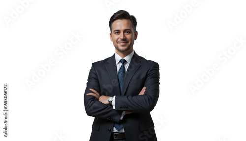A confident businessman in a dark suit and tie stands with his arms crossed, smiling directly at the camera, isolated on a transparent background