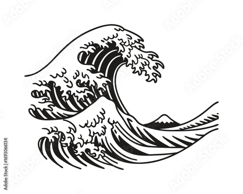 Great wave black and white drawing inspired by Hokusai with a distant mountain range and powerful surf art illustration