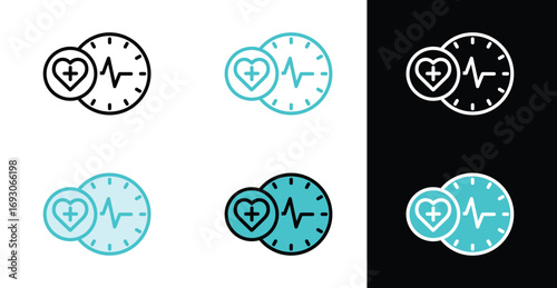 A health schedule icon set with a heart and a heartbeat on a clock, for timely checkups