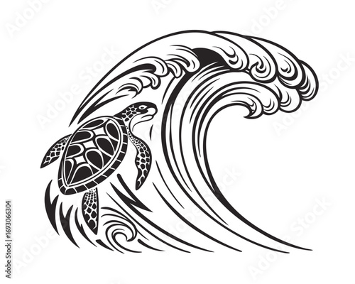 Black and white illustration of a sea turtle swimming beneath a large wave in stylized drawing representing ocean life