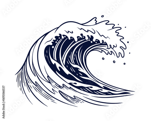 Dramatic blue ocean wave illustration evoking strength and fluidity a powerful nautical symbol conveying energy and dynamism perfectly isolated on white