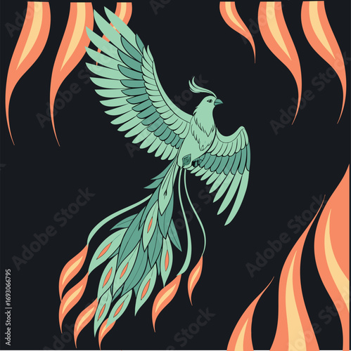Majestic papercut style phoenix artwork rising amidst fiery flames and abstract designs vector