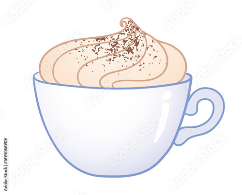 Vector illustration of hot drink with whipped cream and chocolate sprinkles in a white cup. Flat design, isolated 