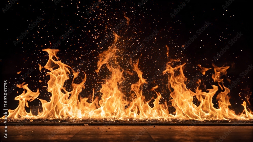 Obraz premium Vibrant flames dancing against a dark backdrop capturing intense heat and fiery embers for creative designs