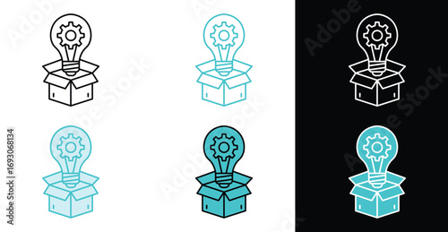 Creative innovation icon of a lightbulb and gear emerging from a package, showing a new concept