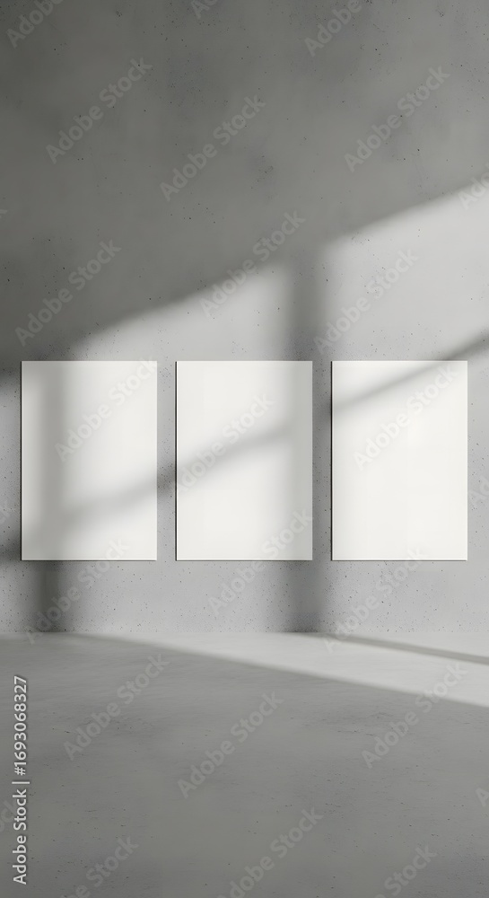 Fototapeta premium Blank square canvases on a textured concrete wall with dramatic light and shadow creating a gallery-like exhibition space, perfect for art display and mockup presentations