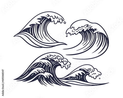 Stylized Ocean Waves Set in Dark Blue Ink with Crests and Swirls on White Background Detailed Illustration