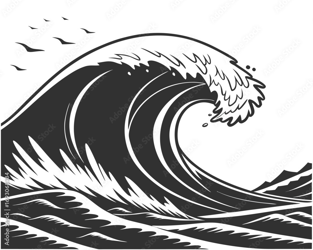 Fototapeta premium Dramatic Ocean Wave Cresting with Birds Flying Overhead in Graphic Black and White Illustration Design for Creative Projects