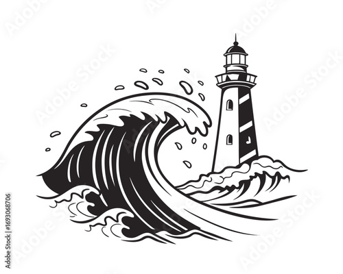 Lighthouse stands tall against a powerful wave ocean scene illustration black and white drawing