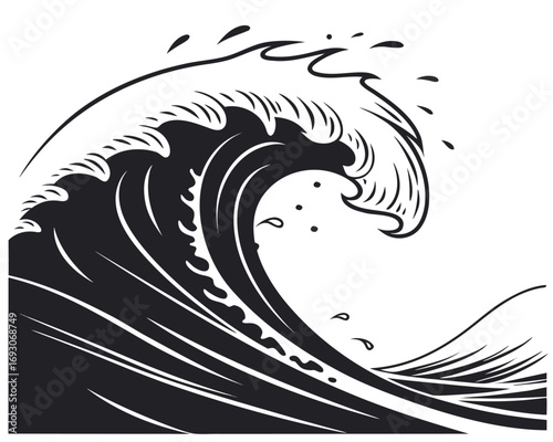 Dramatic monochromatic illustration of a powerful ocean wave crashing with splashing water vector image on a clean white background