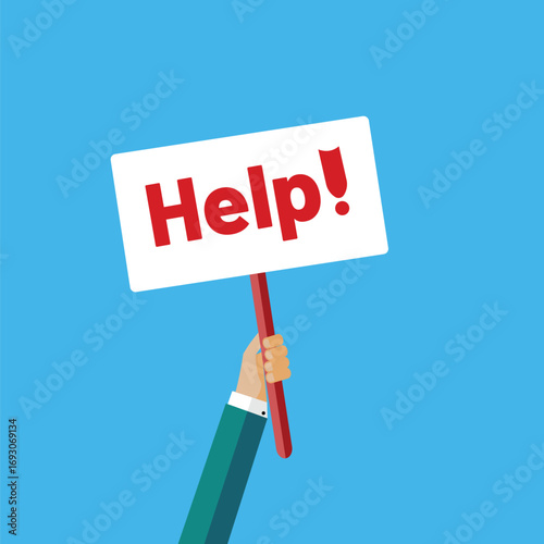 Hand holding a help sign against a bright blue square background for assistance