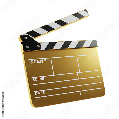 Golden movie clapperboard for film production and entertainment industry scene. transparent background