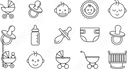 Baby and Parenting Essentials Line Icons – Black Vector Symbols of Infant Care, Products, Strollers, Pacifiers, Bottles, and Cribs