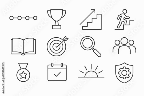 Innovation simple icon set. Contains such symbols as calendar, shield, dollar, target, sun and group. Thin line business and process collection.