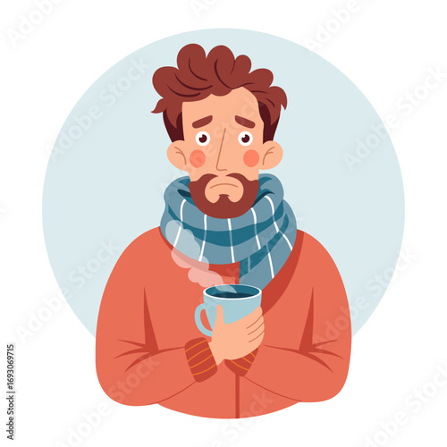 Sick man with cold drinking hot tea. Concept of illness, malaise, cold, flu, fever. Illustration.