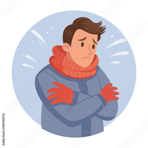 Man feels cold. Person in jacket and scarf is freezing from cold. Illustration.