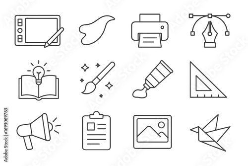 Design icon set. Thin line UI icons. Includes artistic tools, anchor points, sketchpad, ruler, star and puzzle. Modern editable vector pack for designers.