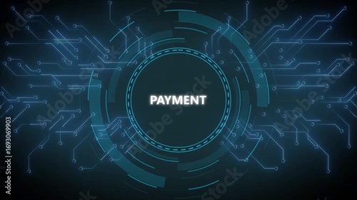 Futuristic animated payment concept with circuit board elements and glowing details.
