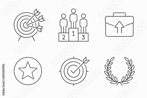 Outline icons showing podium winners, business success, victory and target check. Thin line vector set for growth, excellence and achievement.