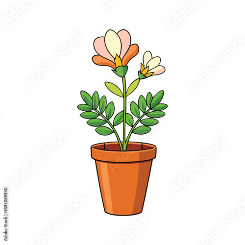 Simple freesia flower in a pot with detailed leaves on white background