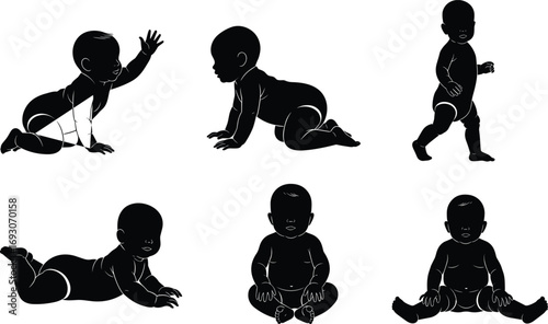 Baby Silhouettes in Crawling, Sitting, Lying, and Walking Poses – Black Vector Icons for Infant Development, Parenting, and Educational Design