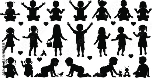 Children Silhouettes in Playful, Social, and Meditative Poses – Black Vector Icons for Childhood Interaction, Emotion, and Educational Design