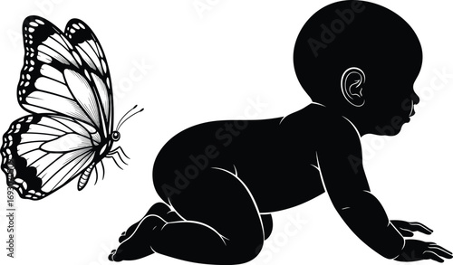 Crawling baby silhouette with butterfly vector illustration symbolizing innocence, curiosity, childhood growth, nature interaction, emotional moment, and parenting concept.